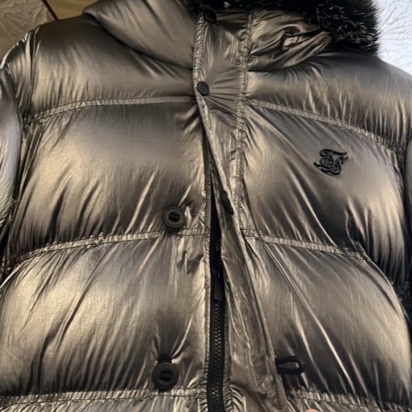 NWT- SIK SILK MENS XL PADDED PARKA w FUR HOOD in METALLIC SILVER & BLACK TRIM - Picture 7 of 16